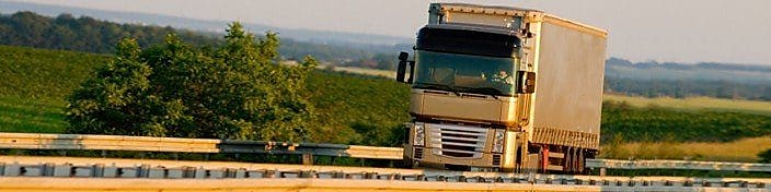 Vrachtwagen rijdend op snelweg, groen landschap als achtergrond
